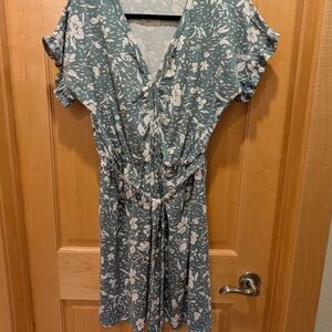 French Grey Floral Midi Dress in Teal and White